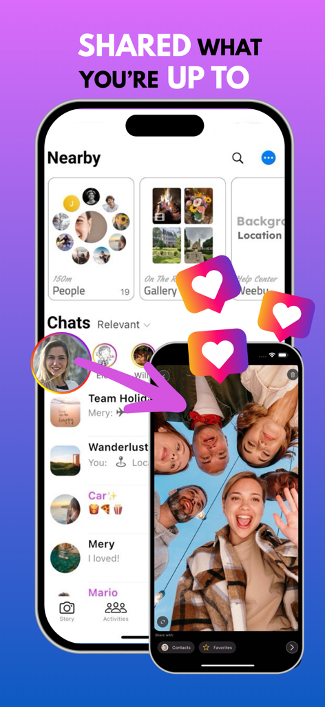 Aplicativo Weebu Messenger mostrando pessoas próximas e chats ativos com uma história de foto de grupo