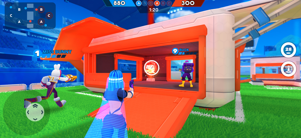 カラフルなアリーナで様式化されたキャラクターをフィーチャーした、FRAG Pro Shooterの活気ある三人称シューターバトル