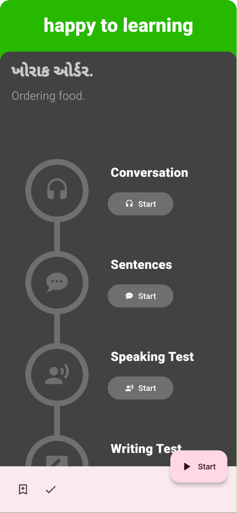 Gujarati - Listening Speaking - La pantalla de la aplicación de idioma gujarati que muestra una lección sobre cómo pedir comida con opciones de conversación, oraciones, prueba de habla y prueba de escritura.