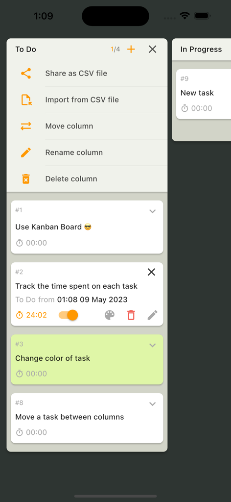 Simple Kanban Board - 시간 추적 및 CSV 내보내기 설정이 있는 작업 목록을 보여주는 간단 칸반 보드 앱의 모바일 인터페이스.