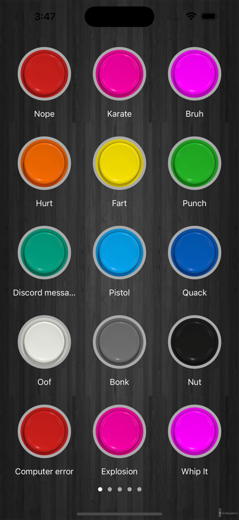 Tela do Funny Sounds Sound Board com botões coloridos para sons como Bruh Fart e Oof