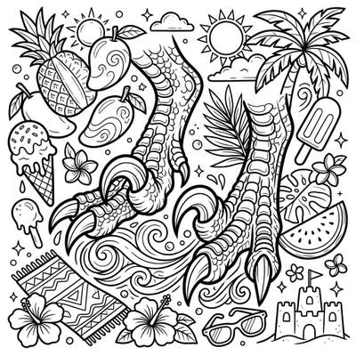Dive into a prehistoric summer adventure with this exciting coloring page! Featuring detailed Velociraptor claws enjoying a tropical beach vacation amidst fruits, ice cream, and sunny vibes.
