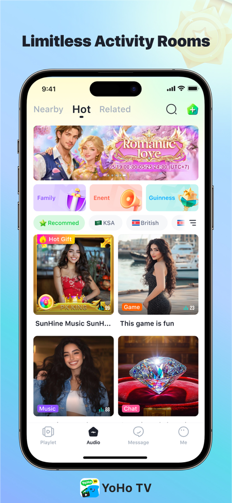 YoHo TV -- Drama & Chat - Interface de l'application mobile YoHo TV montrant divers salons de discussion vocale et d'activités.