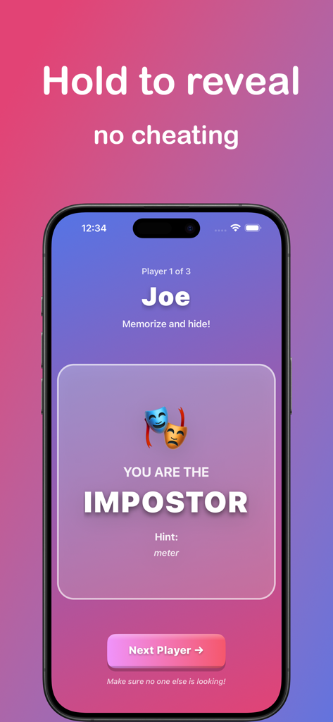 Capture d'écran de l'application Qui est l'imposteur révélant le rôle secret de l'imposteur à un joueur.