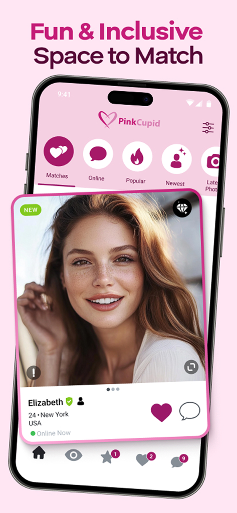 A smartphone displaying the PinkCupid app interface with a lesbian dating profile and match icons