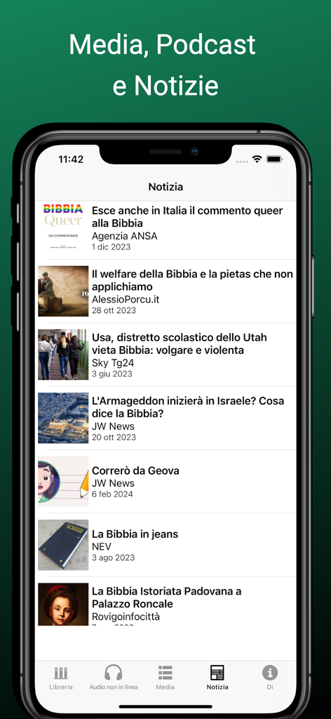 L'App Bibbia audiolibro - Screenshot of the news section in the Bible audiobook app featuring religious articles and media updates
