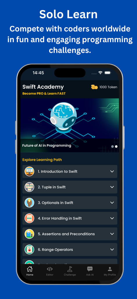 Learn Swift - Swift Playground - Swift Academyのモバイルアプリ画面。Swiftプログラミングレッスンのリストと、プログラミングにおけるAIの未来に関するバナーが表示されています。
