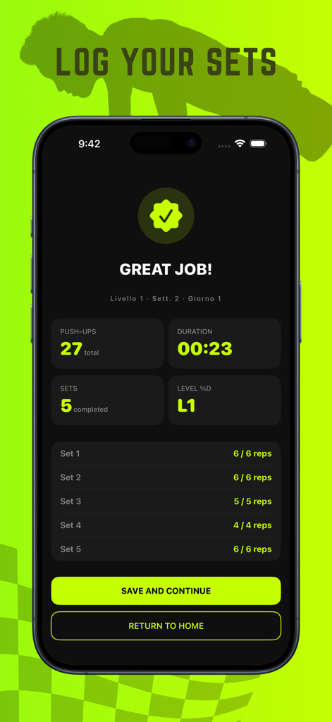 PushUp365 - Push Ups Counter - Pantalla de resumen de entrenamiento de la aplicación PushUp365 que muestra 27 flexiones totales completadas en cinco series con una duración de 23 segundos.