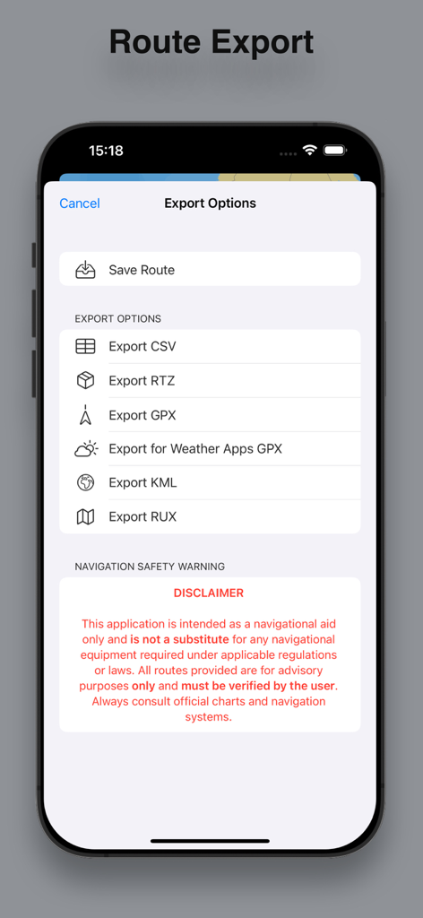 Interfaz de la aplicación CVoyager que muestra opciones de exportación para rutas marítimas en formatos como CSV, RTZ y GPX