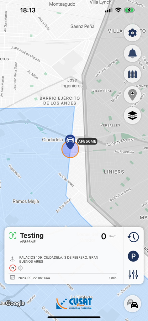 Cusat View - Pantalla de la aplicación Cusat View que muestra la ubicación y el estado del vehículo en tiempo real