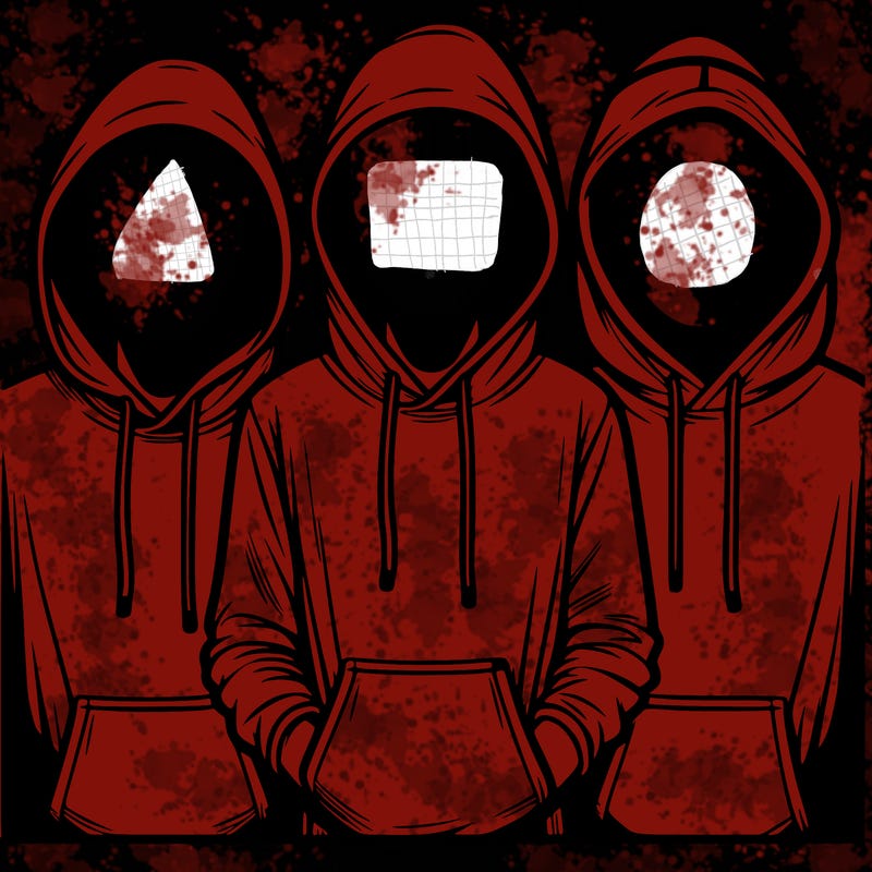 3 faceless people in  hoodies