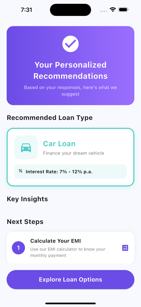 Instant Loan - Calculator App - Personalized car loan recommendation screen with estimated interest rates and EMI calculator option
