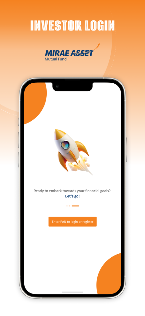 Mirae Asset Mutual Fund app investor login screen featuring a rocket illustration and an enter PAN button