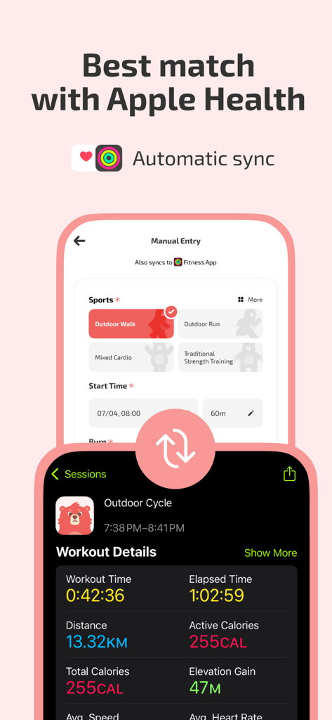 Fito: Fitness Streak, Calorie - Interfaz de la aplicación de fitness Fito que muestra la sincronización automática con Apple Health y métricas detalladas de seguimiento de entrenamiento
