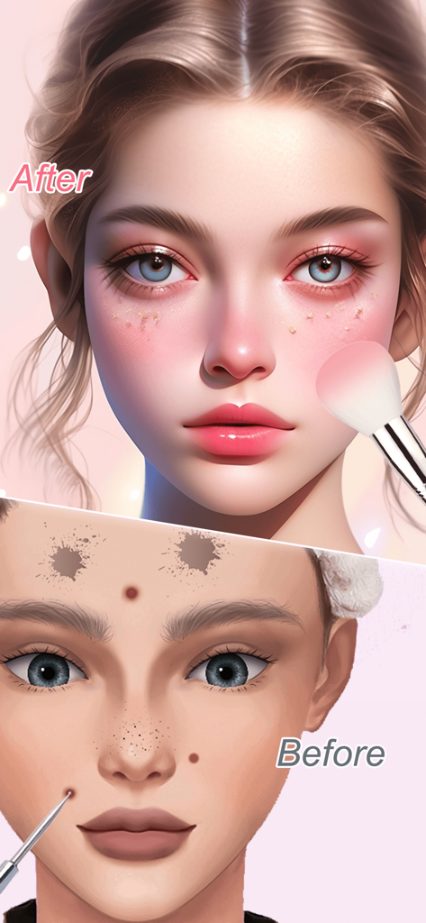 Transformación de maquillaje antes y después en el juego de simulación Vlinder Fantasy