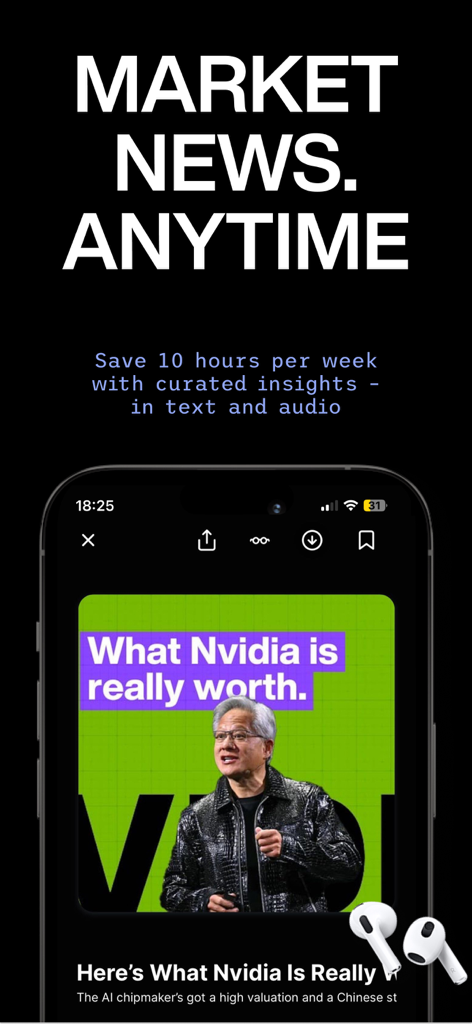 Finimize: Investing Insights - Finimize app interface showing market news headline and Nvidia stock analysis with audio earbuds icon