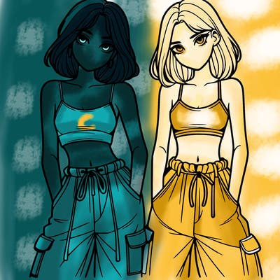 two girls with crop top with baggy pants