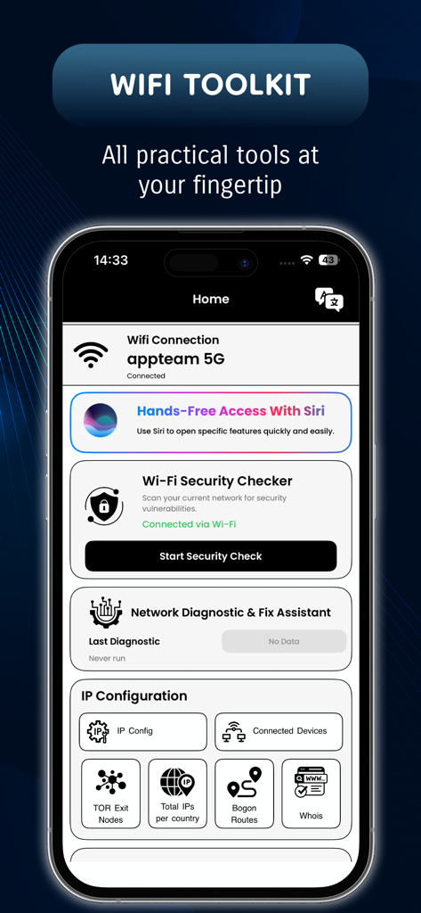 Router Password : WIFI Connect - Panel de control de la aplicación WiFi Toolkit que muestra diagnósticos de seguridad de red y herramientas de configuración de IP.
