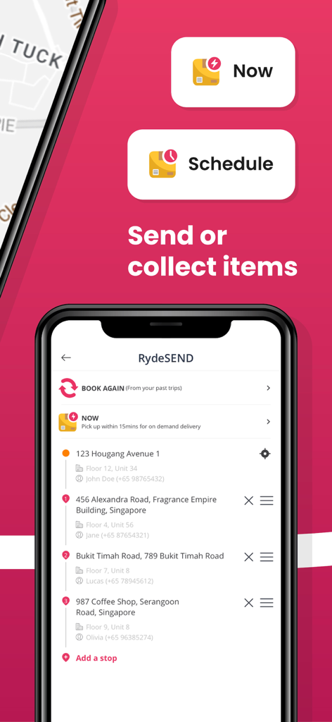 RYDE - Ride Hailing & More - RydeSEND mobile app interface for item delivery with multi-stop booking options