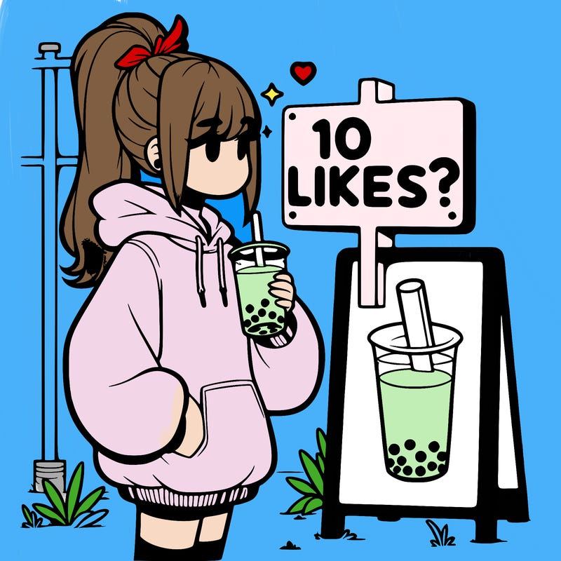 girl with oversized hoodie drinking boba and she has a high ponytail with a sign that says 10likes?