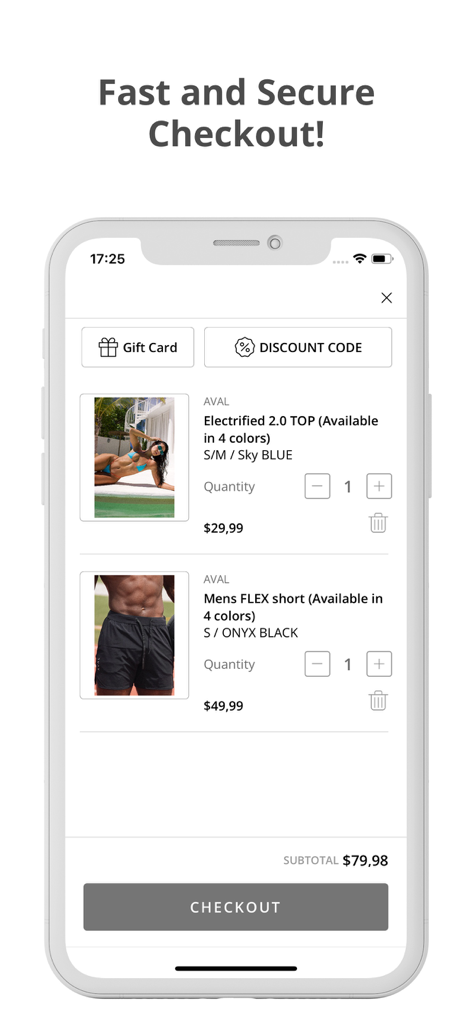 AVAL THEBRAND - AVAL THEBRAND app shopping cart interface showing a fast and secure checkout process for swimwear and apparel