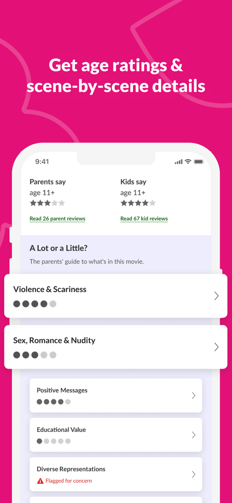 A screenshot of the Common Sense Media app showing detailed age ratings for parents and kids alongside content categories like violence and positive messages