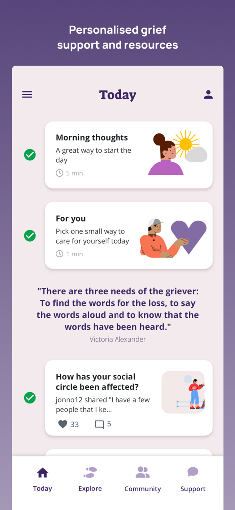 Griefity: Grief Support - Interfaz de la app Griefity mostrando una lista de verificación diaria personalizada y publicaciones de la comunidad de apoyo al duelo
