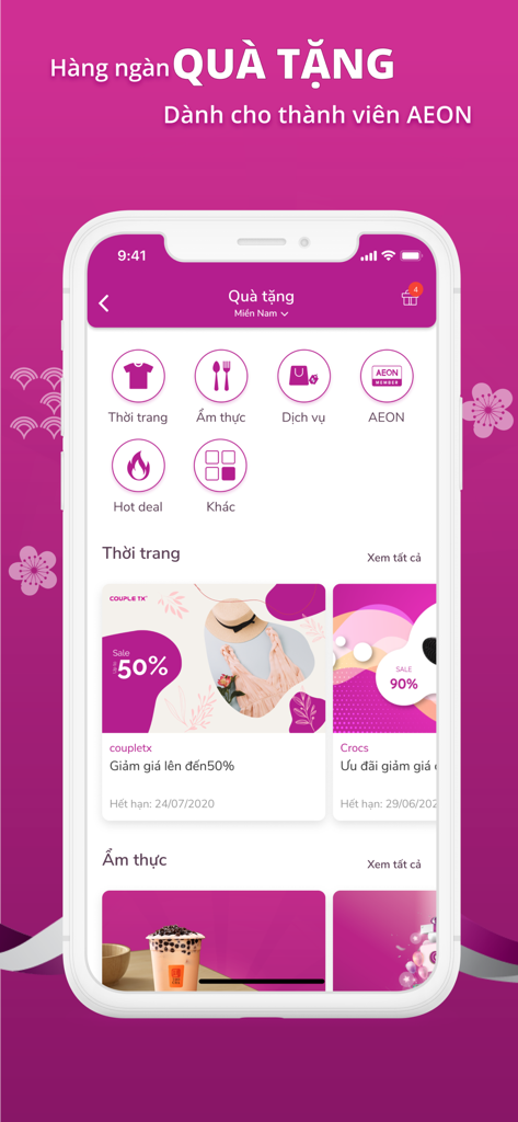 AEON Vietnam - Pantalla de la aplicación AEON Vietnam que muestra regalos y descuentos de compras para miembros