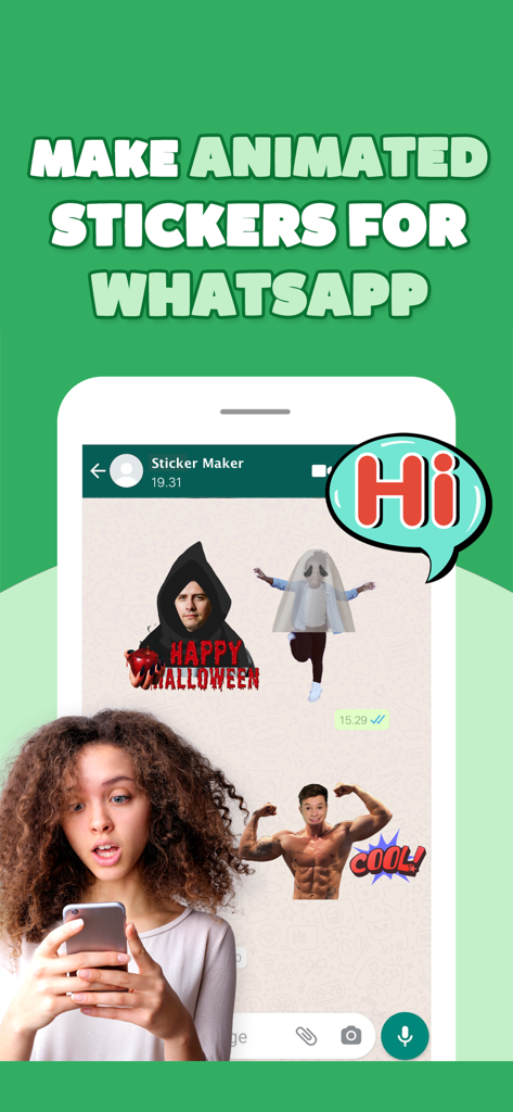 A young woman using her phone to create and send custom animated stickers in a WhatsApp chat
