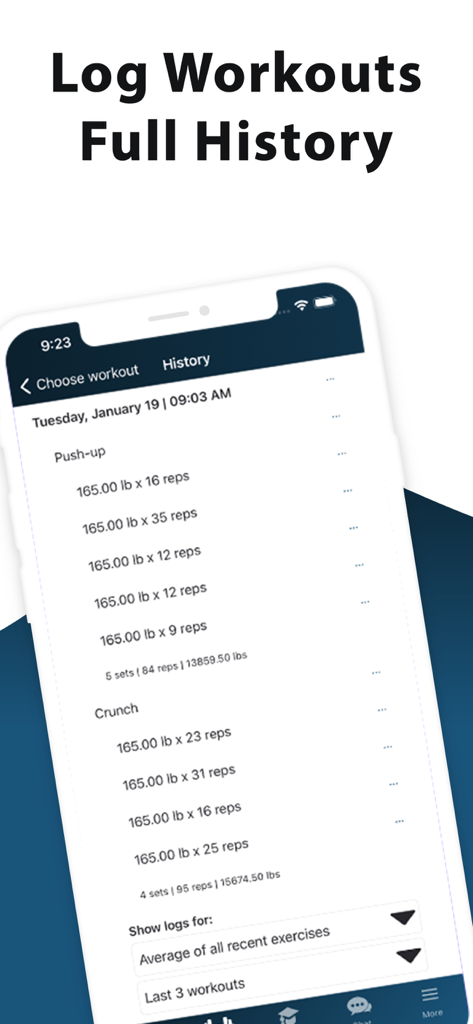 Dr. Muscle AI Personal Trainer - Una pantalla detallada del historial de entrenamiento en la aplicación Dr. Muscle mostrando series y repeticiones registradas para ejercicios como flexiones y abdominales.