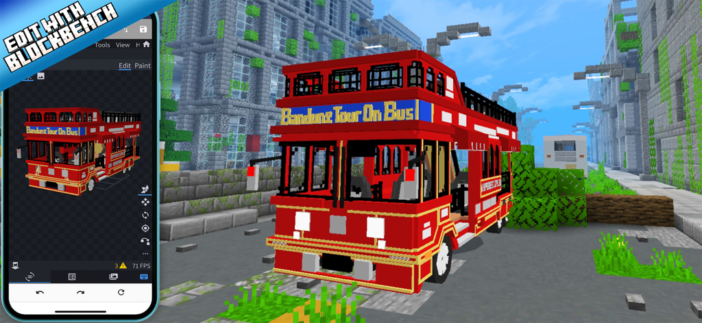 Cars Addon for Minecraft - Un autobus turistico rosso modificato nell'editor mobile Blockbench per un addon di veicoli per Minecraft.