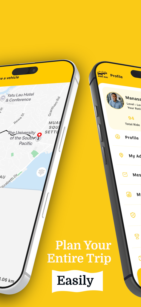 RideMai - RideMai App mostrando um mapa de rota e interface de perfil do usuário