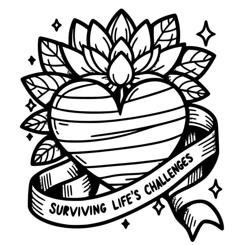 a heart a lotus flower " surviving life's challenges" in an open ribbon