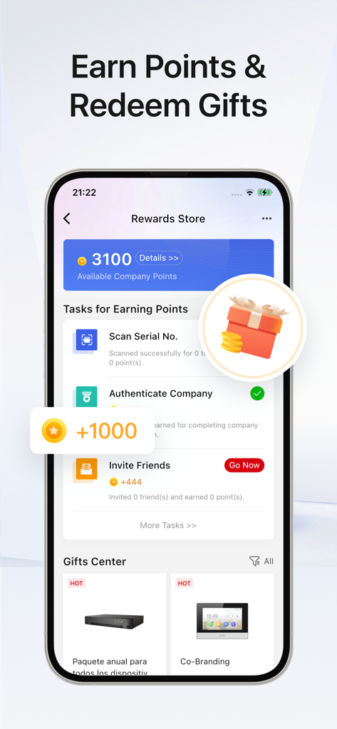 Hik-Partner Pro app Rewards Store screen showing points balance and tasks to earn rewards for security professionals