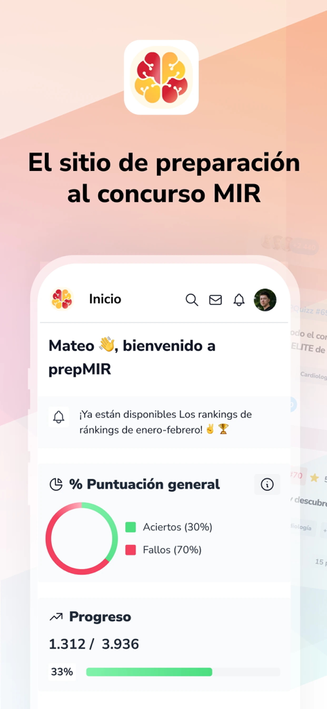 prepMIR - Tableau de bord utilisateur de l'application prepMIR montrant la progression de l'étude et les statistiques de performance aux examens