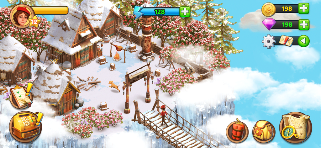 Tuscany Garden-Farm&Adventure - A character explores a snow-covered mountain village with cozy thatched huts and blooming pink trees in Tuscany Garden.