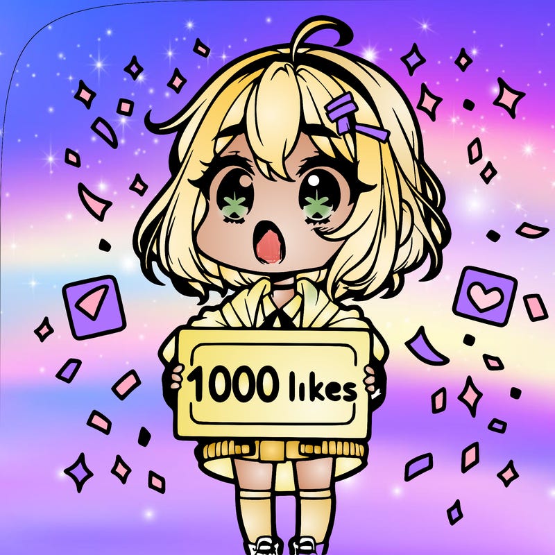 a chibi girl with a shocked expression with a sign that says "1000 likes" with confetti around her