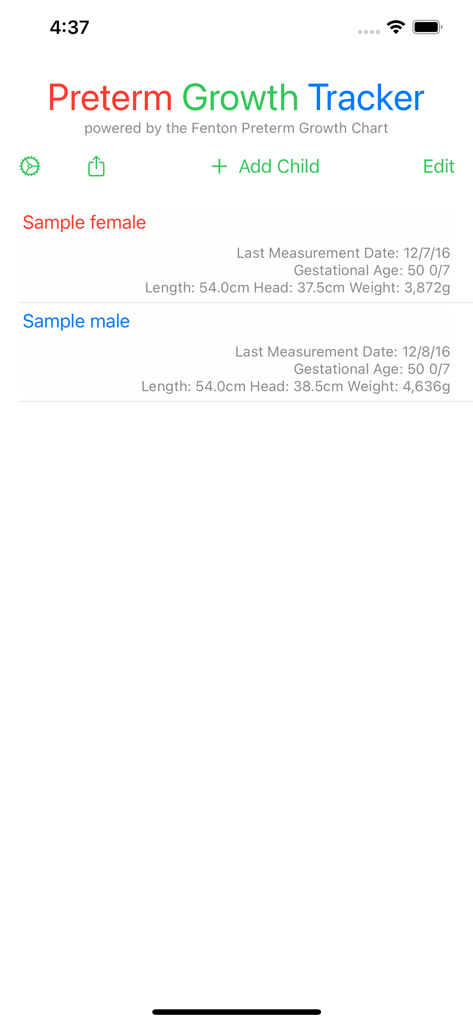 Preterm Growth Tracker - Preterm Growth Tracker app home screen showing tracked child profiles and measurements