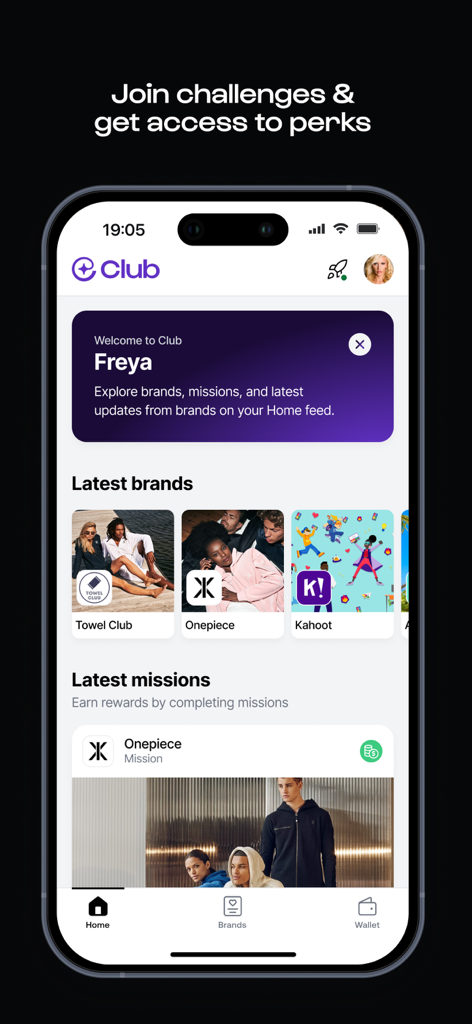 Club app home screen showing influencer missions and brand collaborations