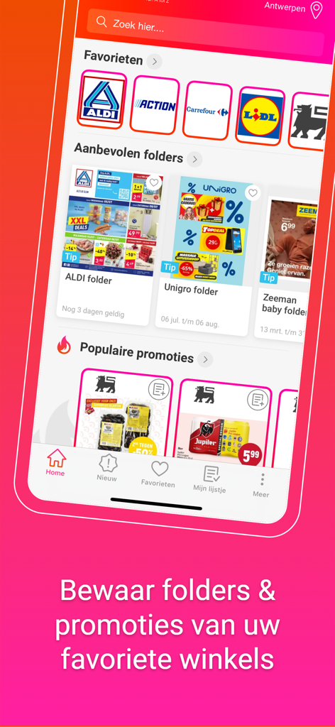 Der Startbildschirm der Promotiez App, der Einkaufshefte und Aktionen von Geschäften wie Aldi und Lidl zeigt