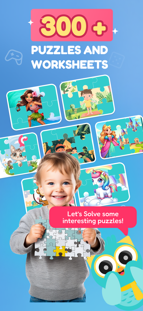 Kidzovo: Kids TV with AI Buddy - A happy child interacting with colorful digital puzzles and worksheets in the Kidzovo educational app.
