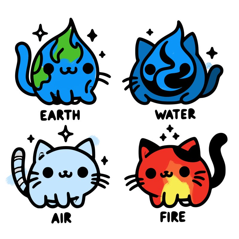 4 cats that represent the different elements, earth, water, air, and fire