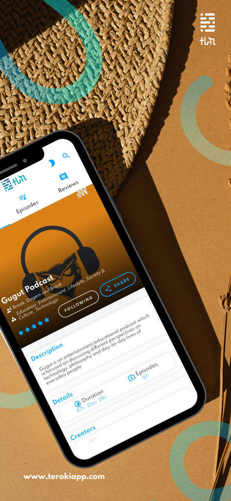 Teraki - Audiobooks & Podcasts - Smartphone-Bildschirm, der die Gugut-Podcast-Seite in der Teraki-App anzeigt, mit Episodenliste und Podcast-Beschreibung.
