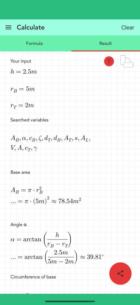 Schrittweise mathematische Berechnungsergebnisse für einen Kegelstumpf