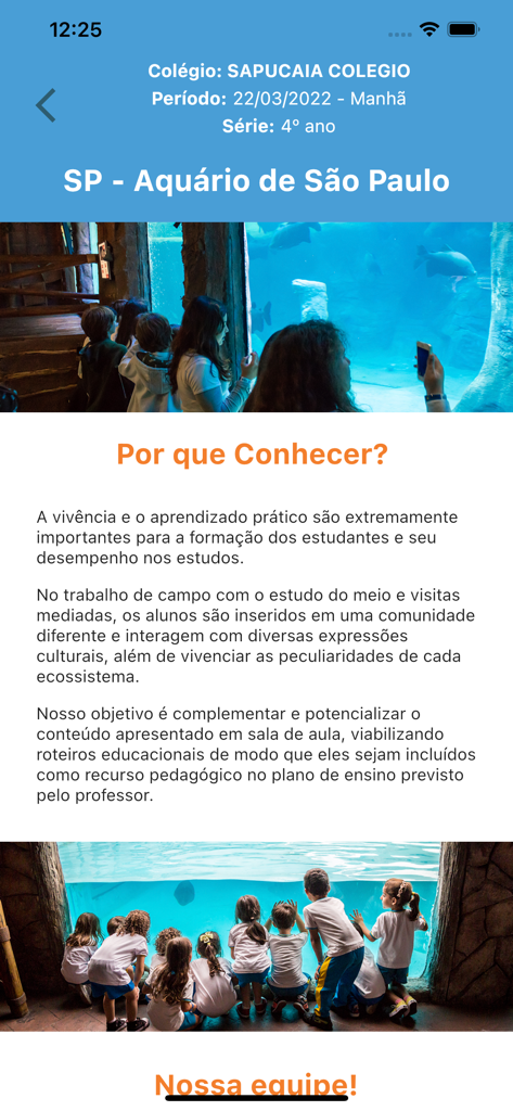 Tela do aplicativo Forma Conhecer mostrando detalhes de uma viagem escolar a um aquário