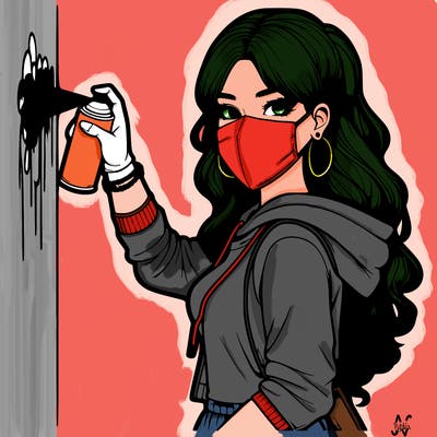 realistic girl with mask spray painting a wall