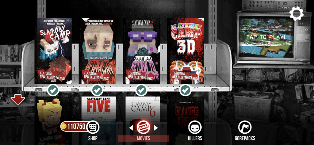 Slayaway Camp game menu displaying puzzle levels as retro VHS tapes on a rental store shelf
