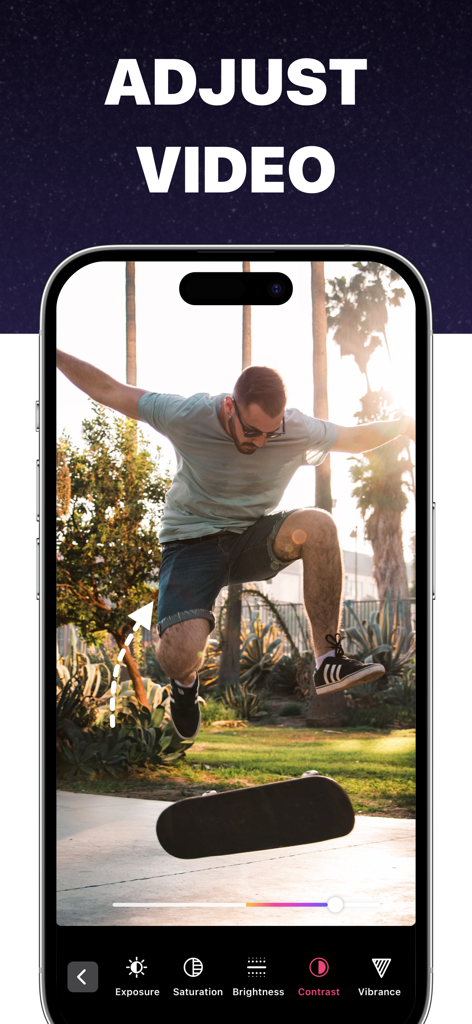 Boomerang - Video Maker - Interface showing video adjustment tools including exposure and saturation for a skateboarding clip in the Boomerang app