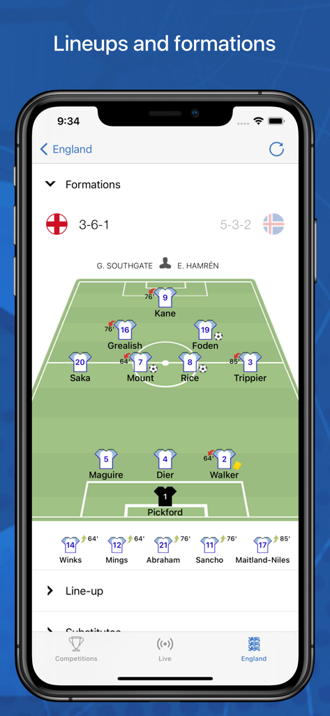 Soccer match lineup and field formation on the WC 2026 app