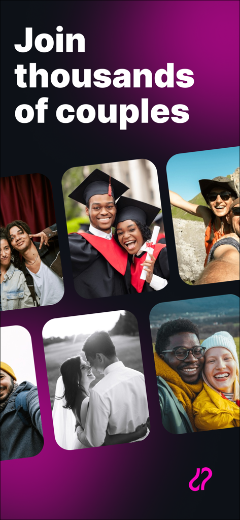 Couple Tracker - Intimigo - さまざまな幸せなカップルのコラージュと「Intimigoアプリで何千ものカップルに参加しましょう」というテキスト